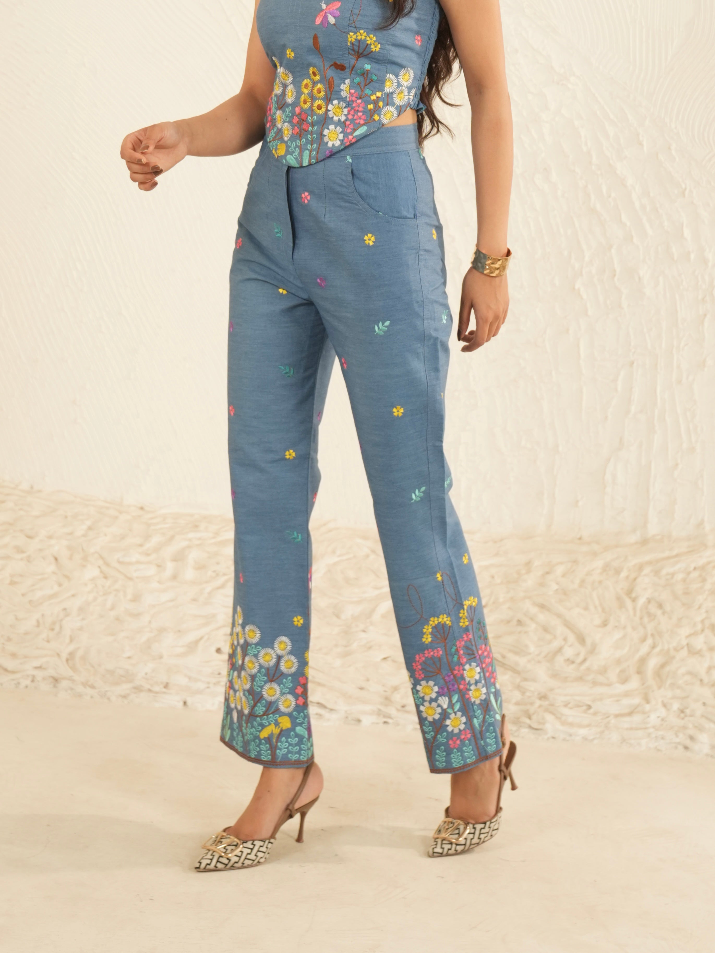 Wildflower Denim Embroidered Pants