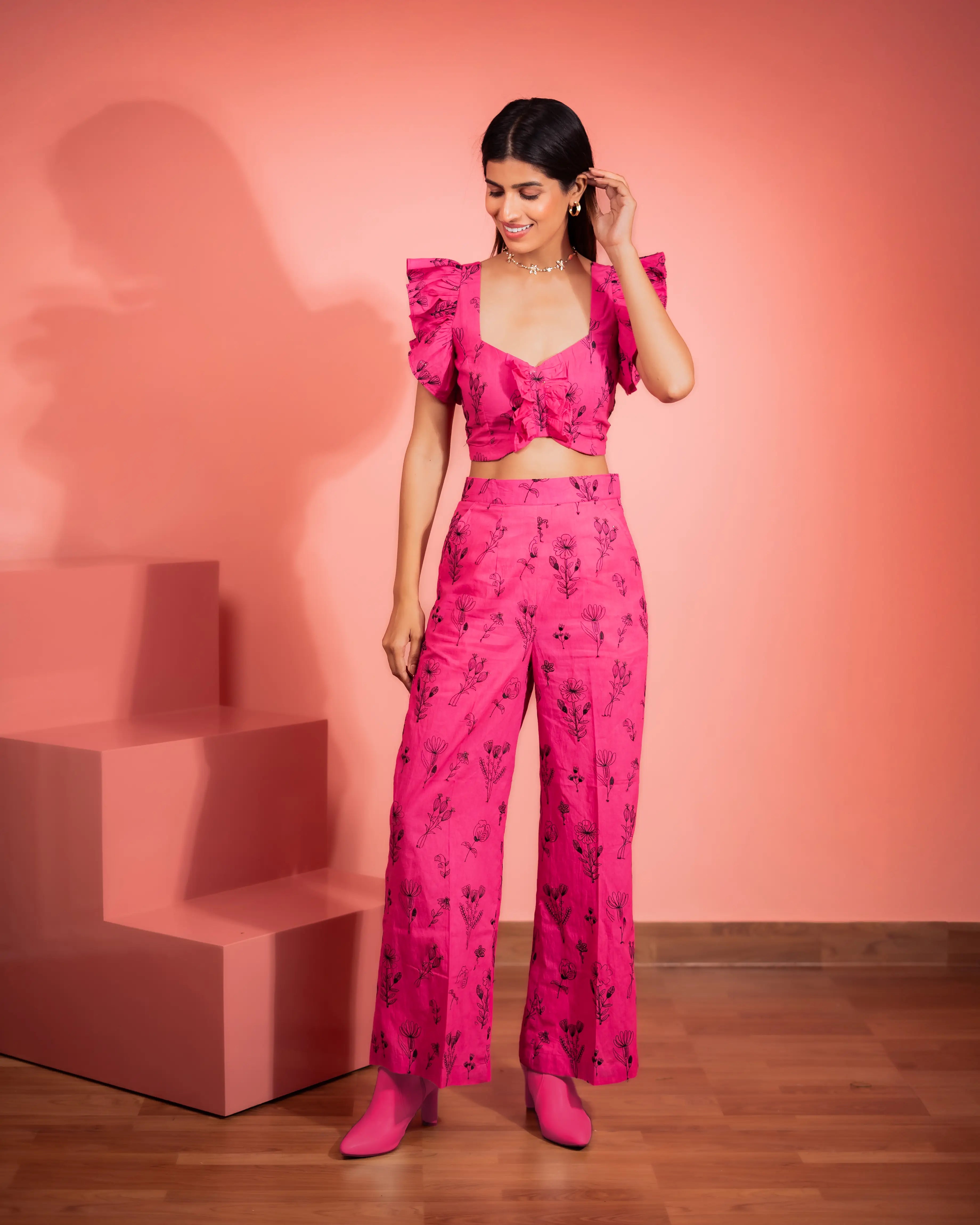 Valentina Floral  Embroidered Crop Top  & Pant Co-ord Set