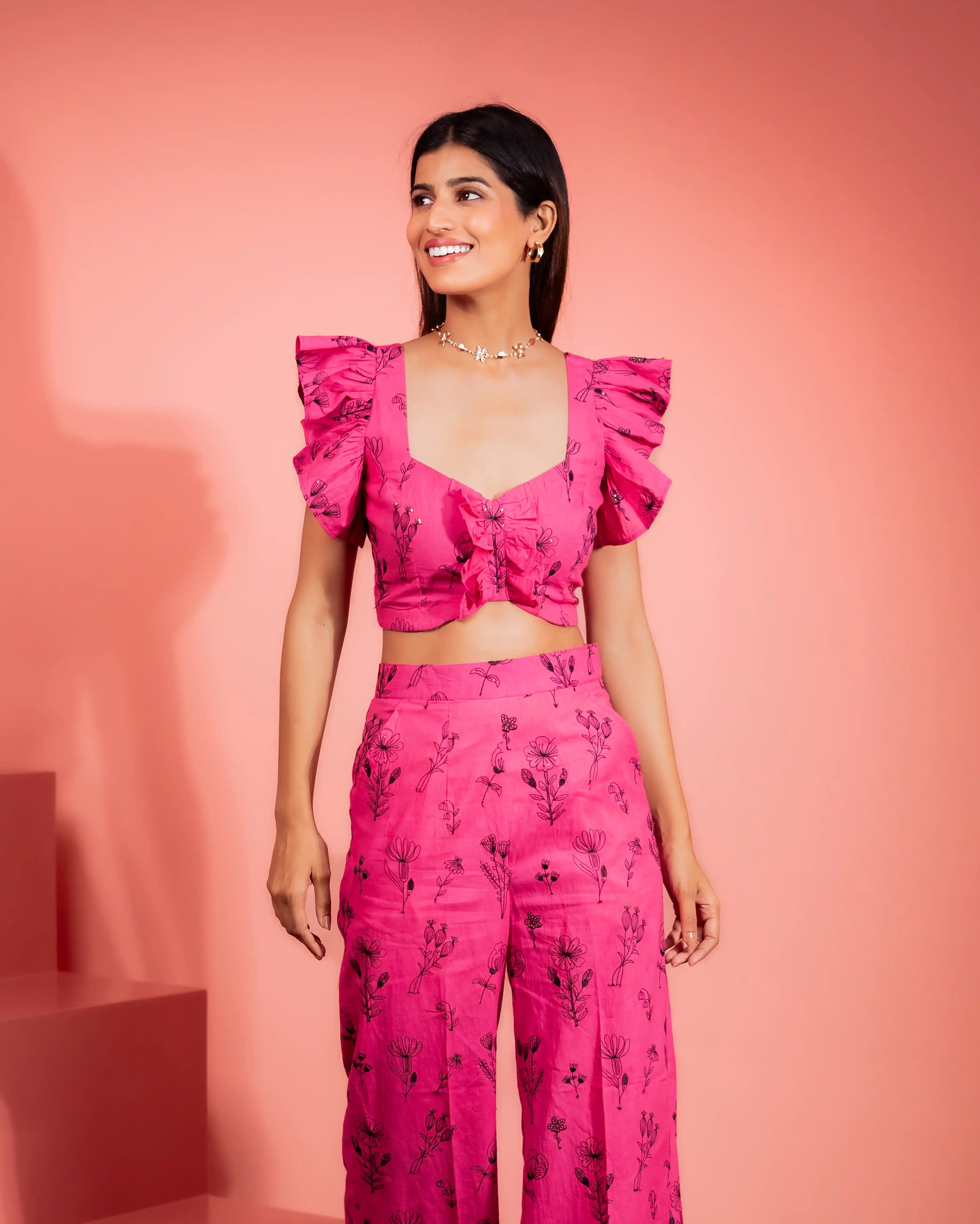 Valentina Floral  Embroidered Frill Crop  Top