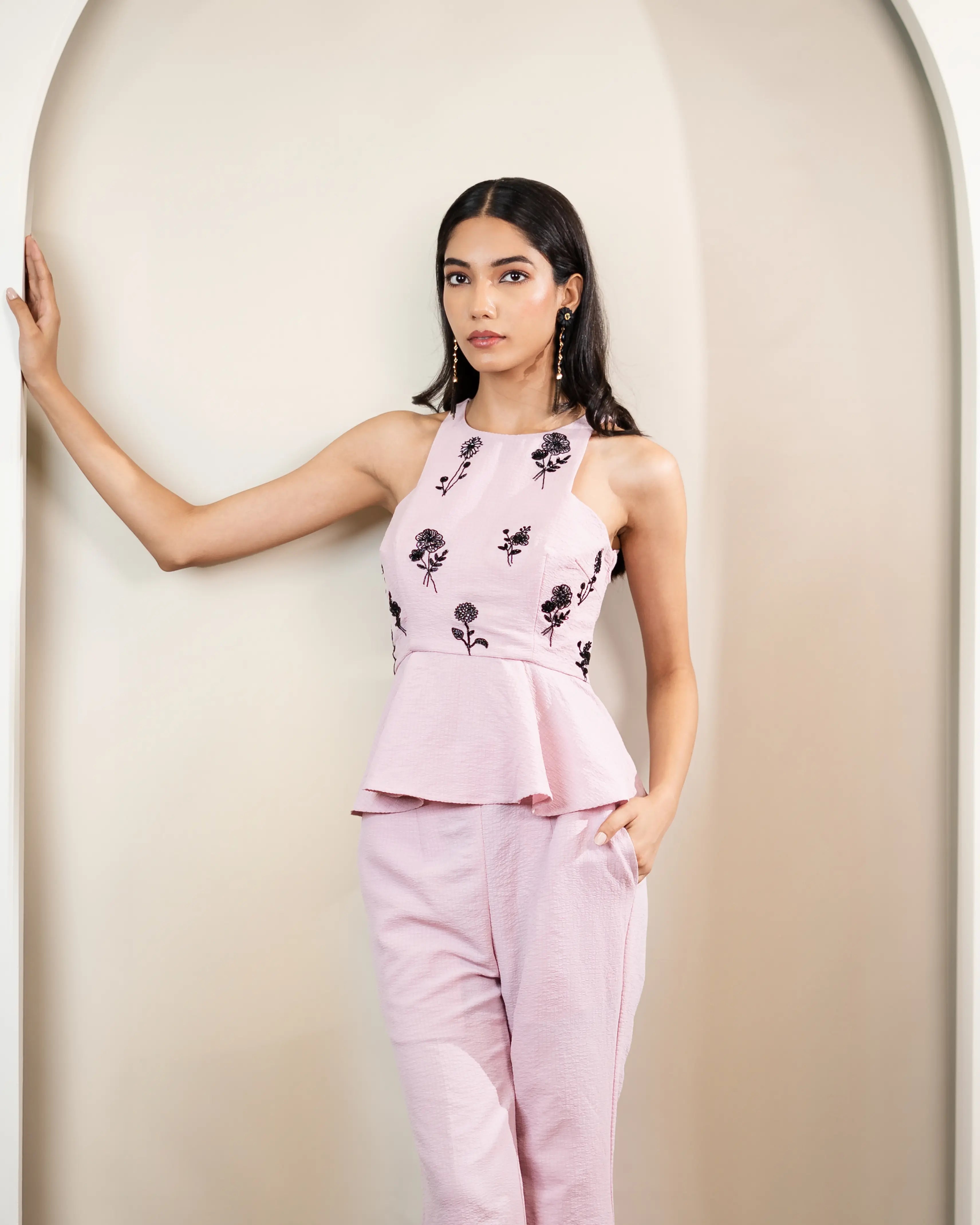 Aurora Embellished  Floral Motifs Peplum  Top