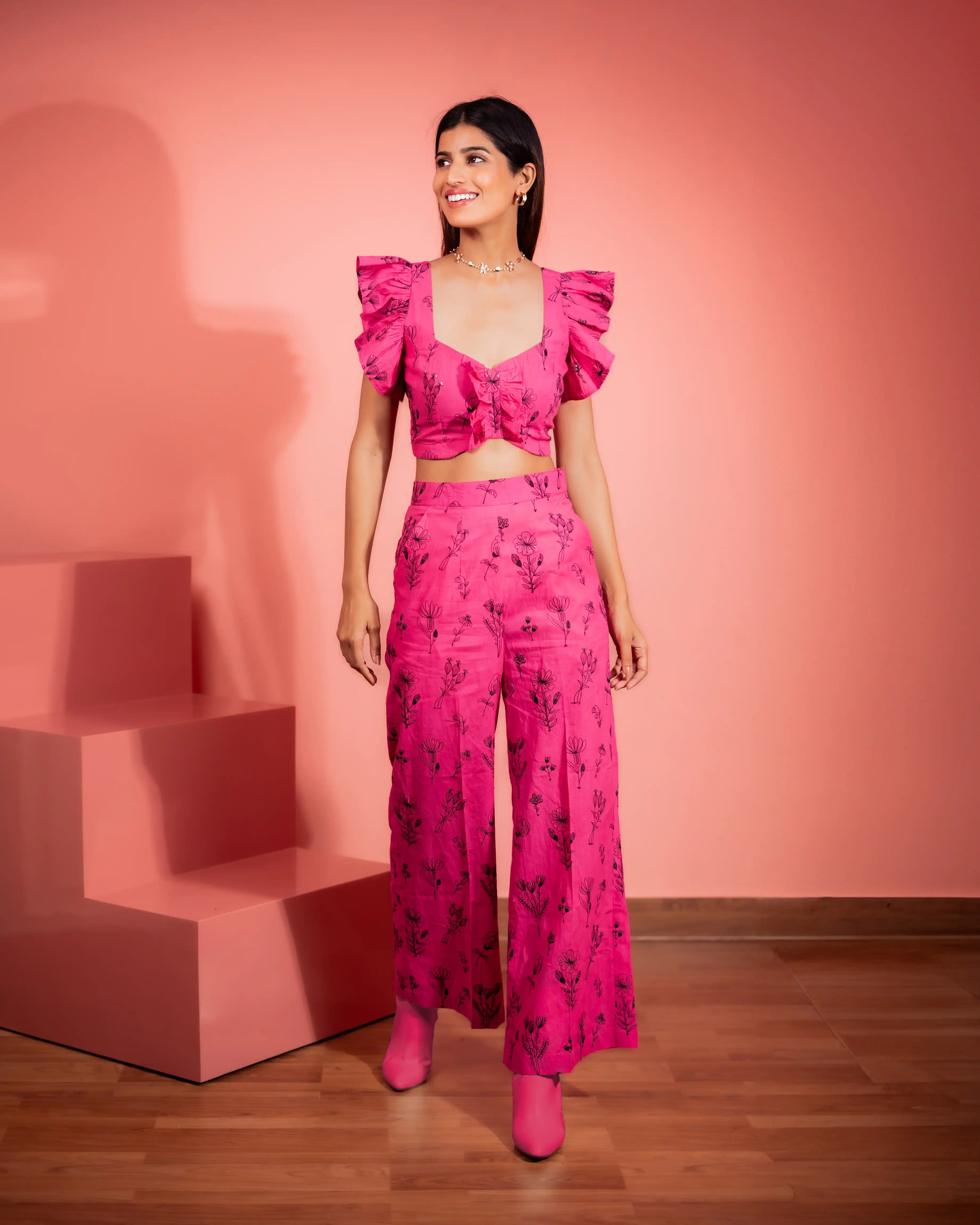 Valentina Floral  Embroidered Crop Top  & Pant Co-ord Set